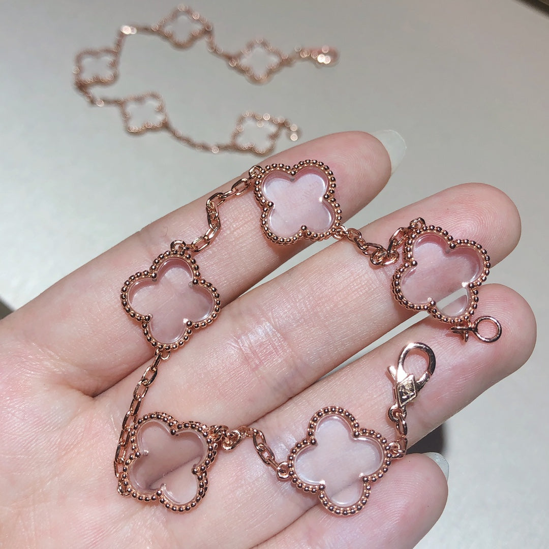 [Kincade Jewelrys]CLOVER 5 MOTIF ROCK CRYSTAL PINK GOLD BRACELET