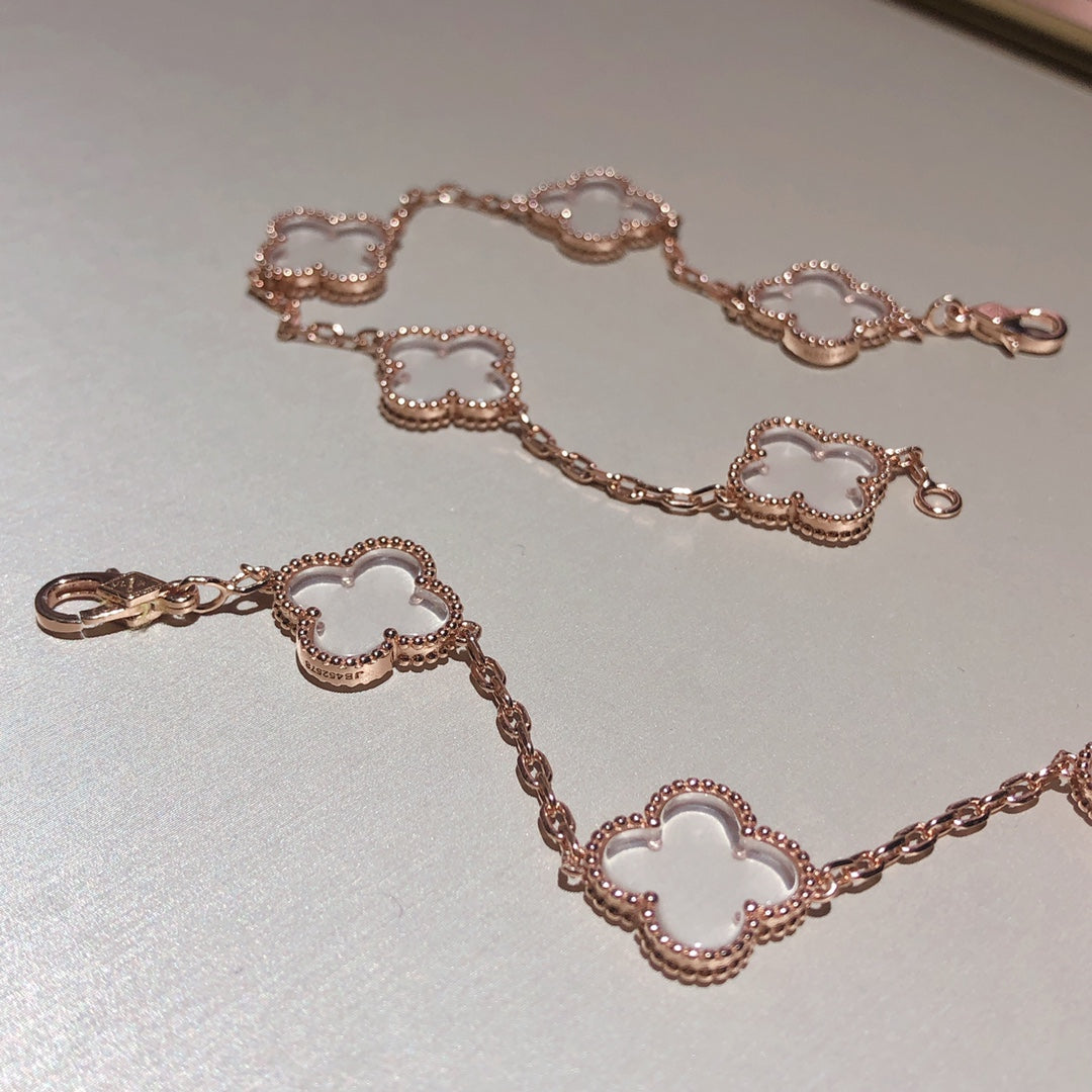 [Kincade Jewelrys]CLOVER 5 MOTIF ROCK CRYSTAL PINK GOLD BRACELET