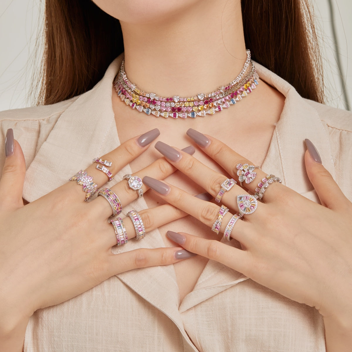 [Kincade Jewelrys]Sparkling Colorful Full Heart Tennis Necklace