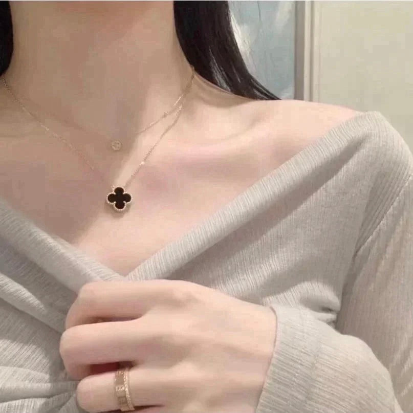 [Kincade Jewelrys]CLOVER 15MM BLACK ONYX SINGLE FLOWER NECKLACE