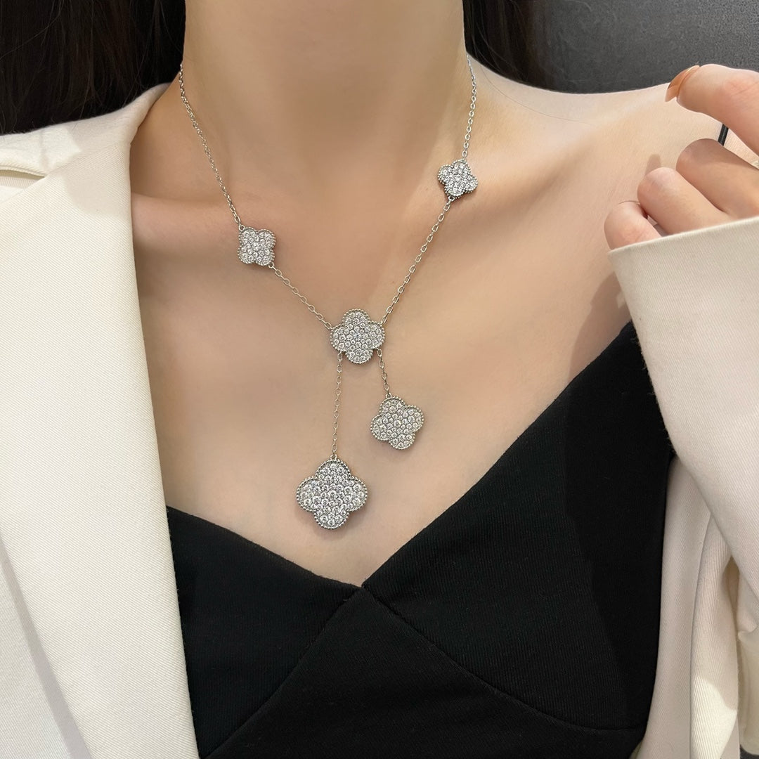 [Kincade Jewelrys]CLOVER 5 MOTIFS SILVER DIAMONDS NECKLACE