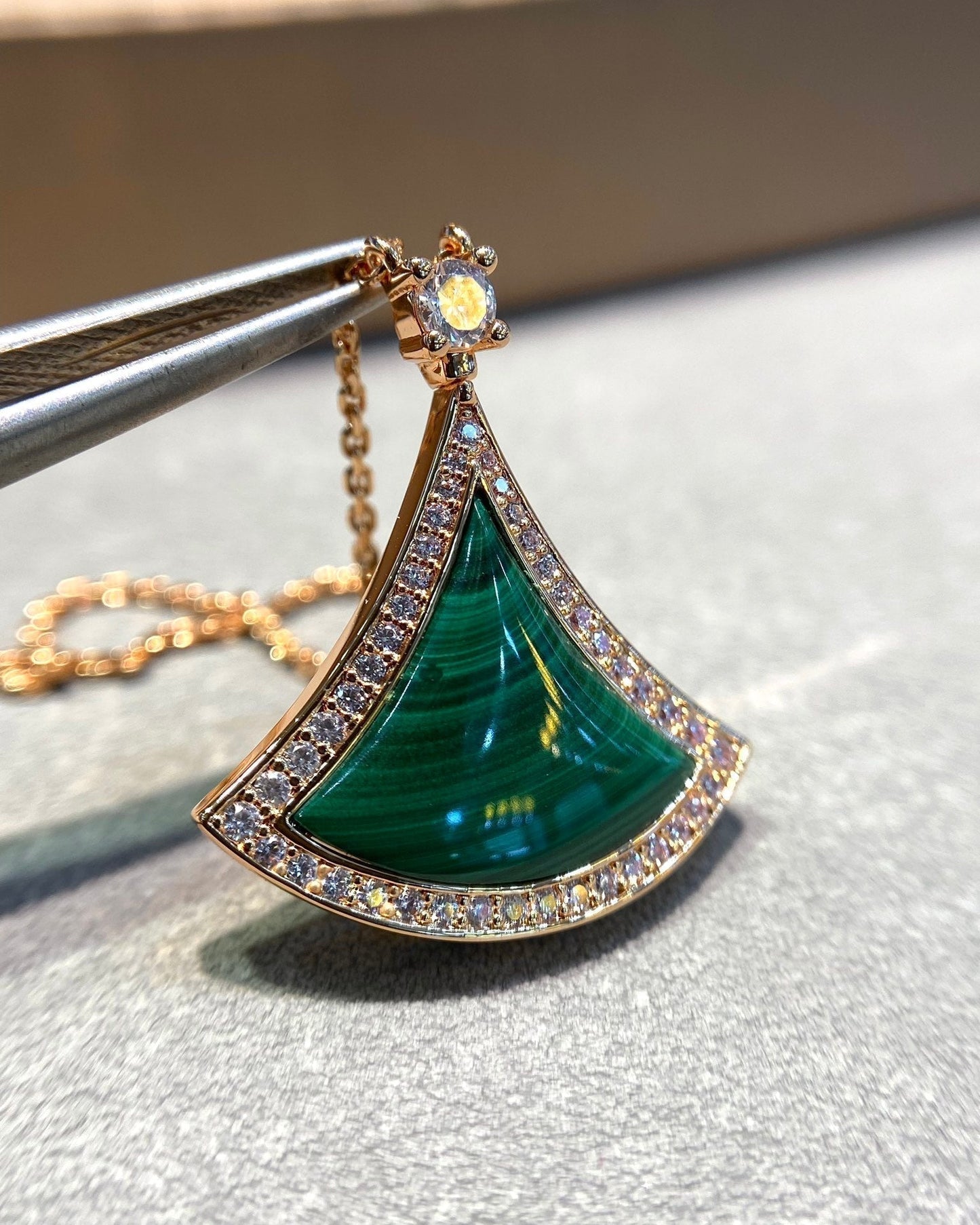 [Kincade Jewelrys]DREAM MALACHITE DIAMOND PAVED PINK GOLD NECKLACE