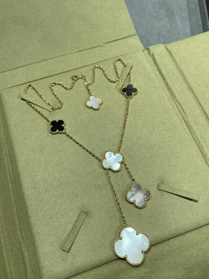 [Kincade Jewelrys]CLOVER 6 MOTIF MOP ONYX GOLD NECKLACE