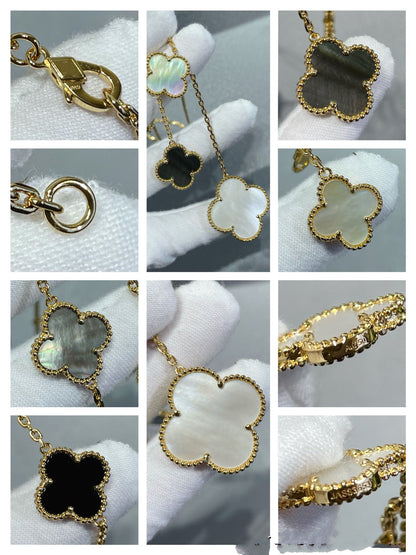 [Kincade Jewelrys]CLOVER 6 MOTIF MOP ONYX GOLD NECKLACE