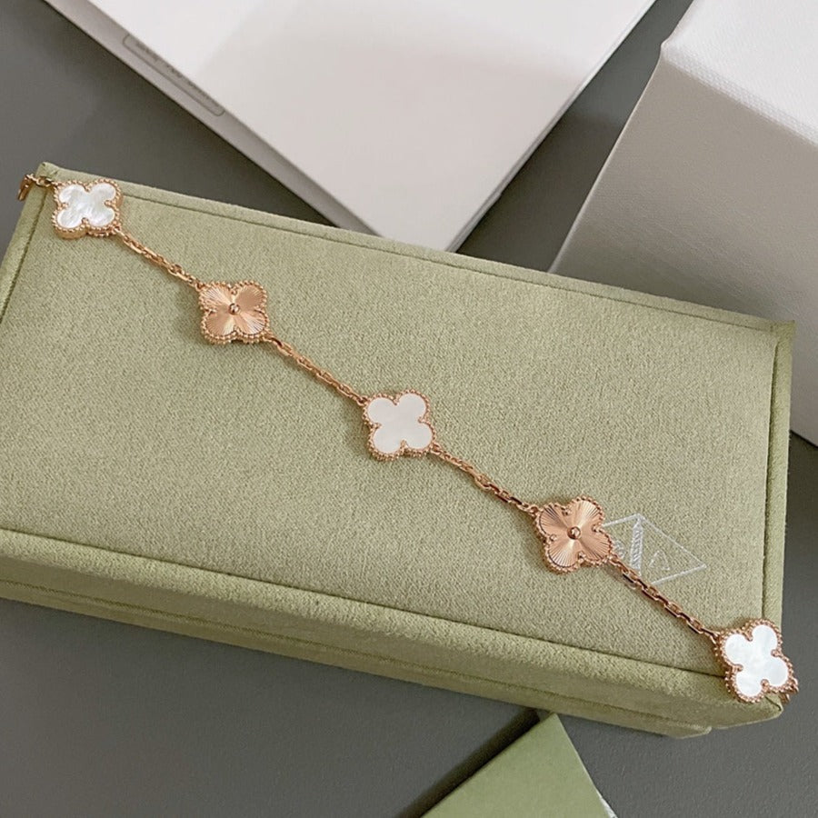 [Kincade Jewelrys] Bracelet trèfle 5 motifs nacre blanche or rose