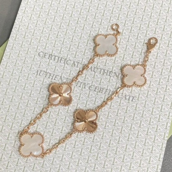 [Kincade Jewelrys] Bracelet trèfle 5 motifs nacre blanche or rose