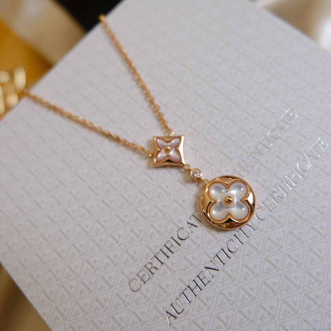 [Kincade Jewelrys]STAR AND SUN WHITE MOP 2 MOTIF PINK GOLD NECKLACE