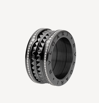 [Kincade Jewelrys]ZERO 1 ROCK FOUR-BAND BLACK CERAMIC WITH STUDDED SPIRAL AND PAVED DIAMONDS RING