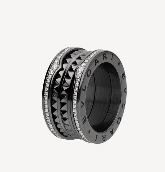 [Kincade Jewelrys]ZERO 1 ROCK FOUR-BAND BLACK CERAMIC WITH STUDDED SPIRAL AND PAVED DIAMONDS RING