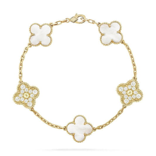 [Kincade Jewelrys]CLOVER BRACELET 5 MOTIF WHITE MOP DIAMOND