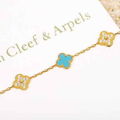 [Kincade Jewelrys]CLOVER 5 MOTIF TURQUOISE DIAMOND GOLD BRACELET