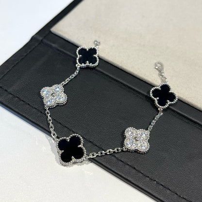[Kincade Jewelrys]CLOVER 5 MOTIF ONYXS DIAMOND BRACELET SILVER