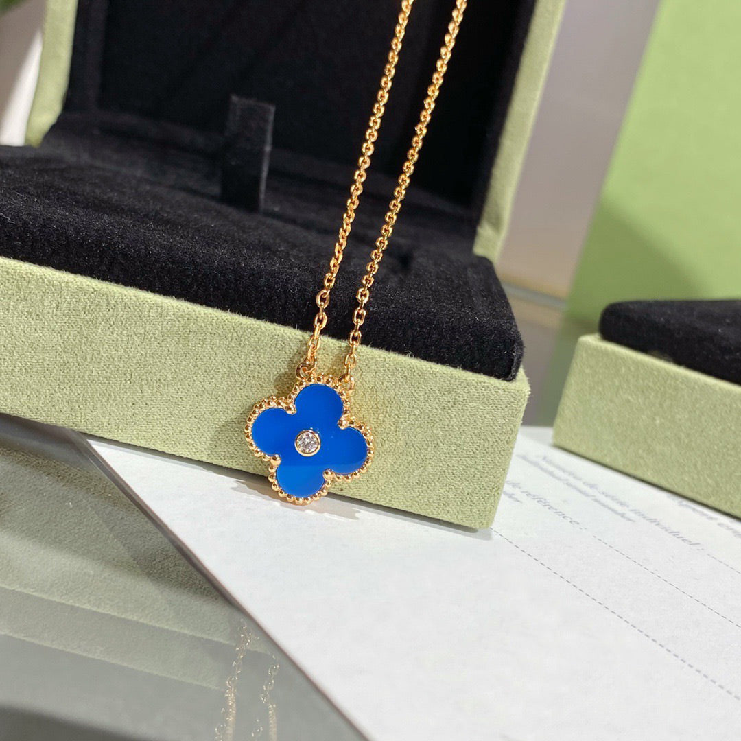 [Kincade Jewelrys]CLOVER 15MM DIAMOND AND BLUE AGATE NECKLACE