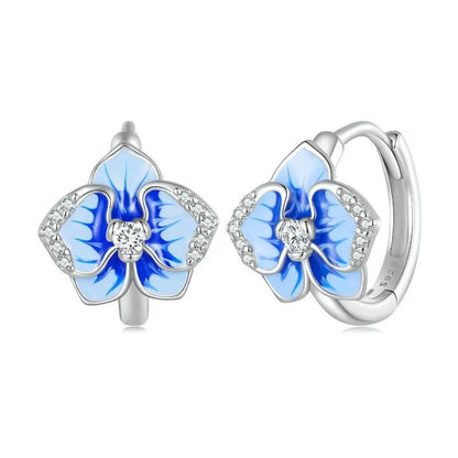 Boucles d'oreilles à clip en émail bleu, motif orchidée papillon, fleur de phalaenopsis