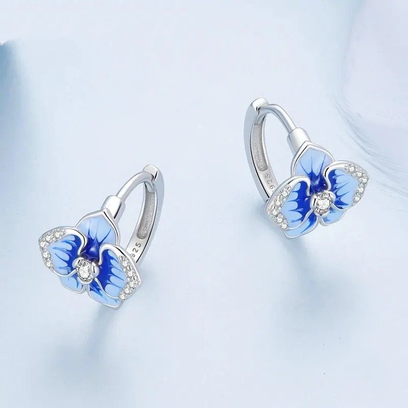 Boucles d'oreilles à clip en émail bleu, motif orchidée papillon, fleur de phalaenopsis
