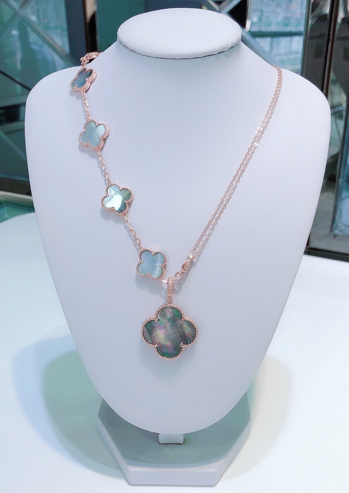 [Kincade Jewelrys]COMBINED BRACELET 5 MOTIFS AND NECKLACE DARK MOP ROSE GOLD