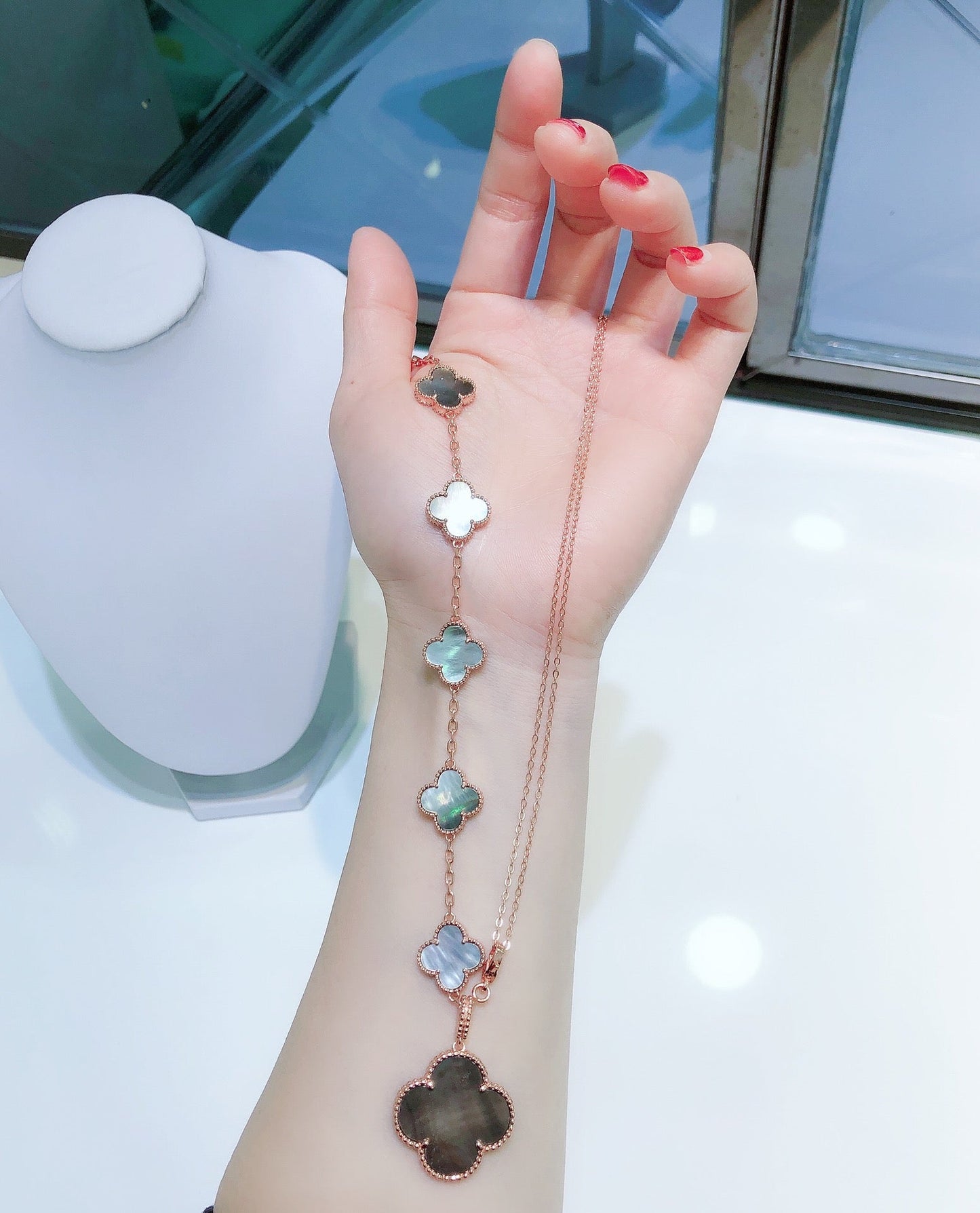 [Kincade Jewelrys]COMBINED BRACELET 5 MOTIFS AND NECKLACE DARK MOP ROSE GOLD