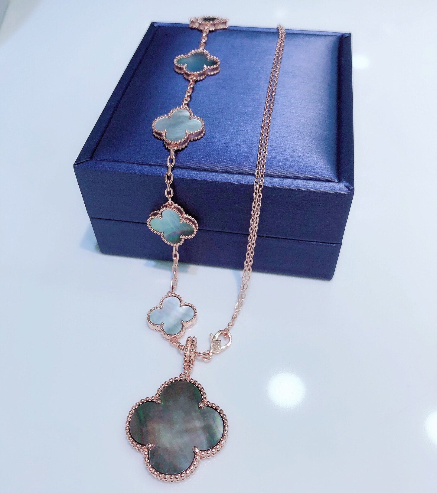 [Kincade Jewelrys]COMBINED BRACELET 5 MOTIFS AND NECKLACE DARK MOP ROSE GOLD