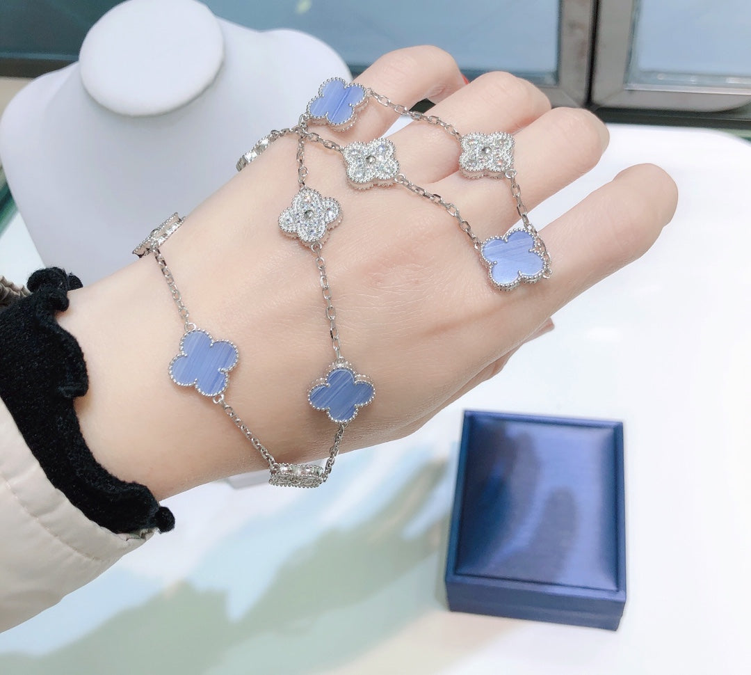 [Kincade Jewelrys]CLOVER 10 MOTIFS CHALCEDONY DIAMONDS SILVER NECKLACE