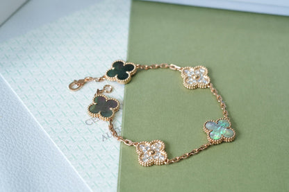 [Kincade Jewelrys]CLOVER 5 MOTIFS DARK MOP AND DIAMONDS PINK GOLD BRACELET