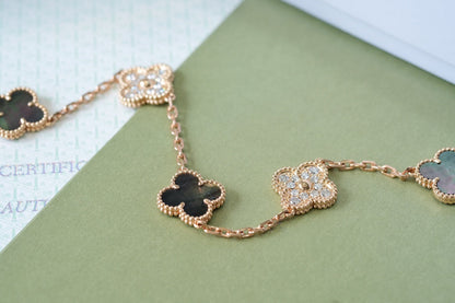 [Kincade Jewelrys]CLOVER 5 MOTIFS DARK MOP AND DIAMONDS PINK GOLD BRACELET