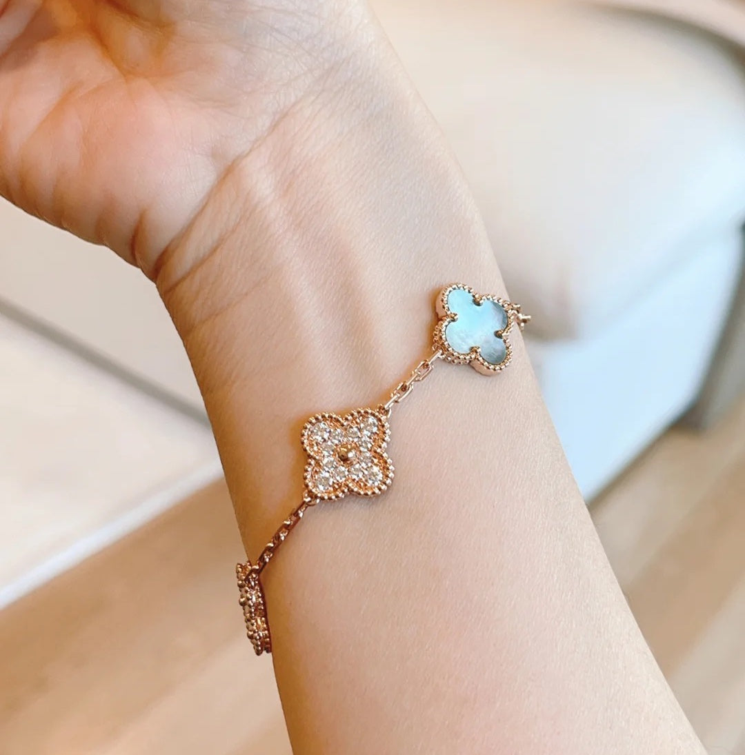 [Kincade Jewelrys]CLOVER 5 MOTIFS DARK MOP AND DIAMONDS PINK GOLD BRACELET